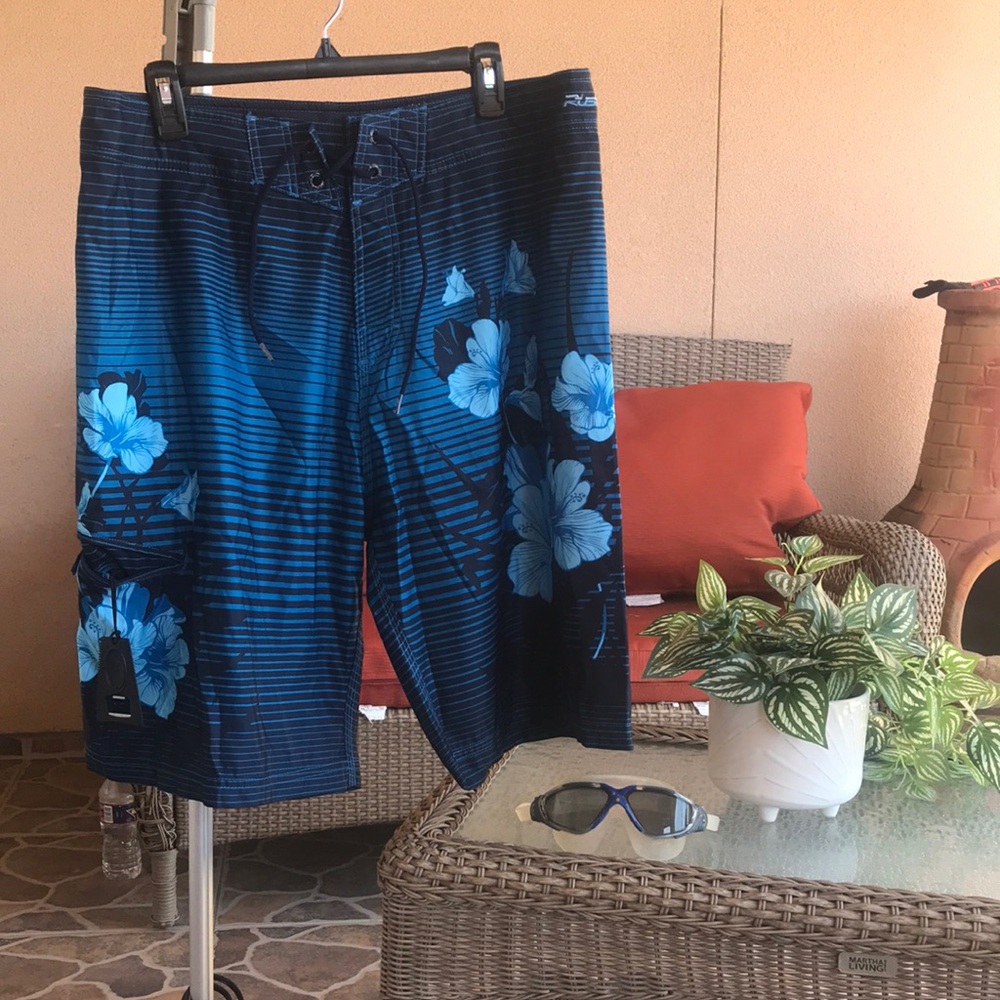 Rusty Navy and Blue Floral Swim Trunks